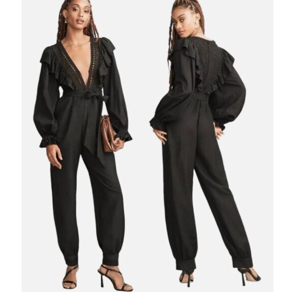FARM Rio Pants - Farm Rio Lace And Ruffles Jumpsuit Size S Color Black NWT mspr $250